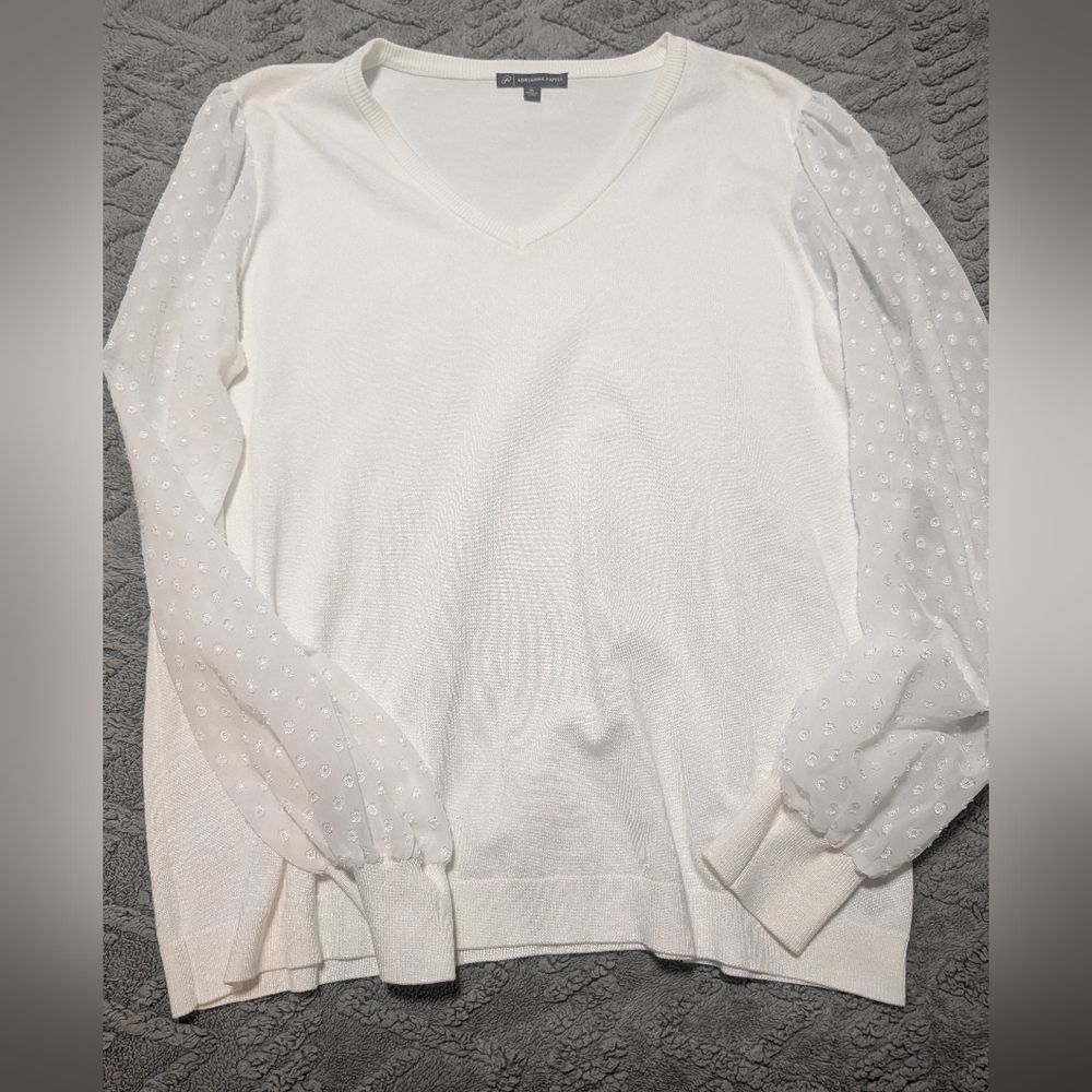 Adrianna Papell White Sweater with Sheer Sleeves
